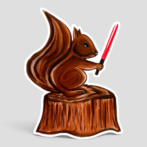 Die-cut sticker of a red squirrel on a tree stump holding a red lightsaber