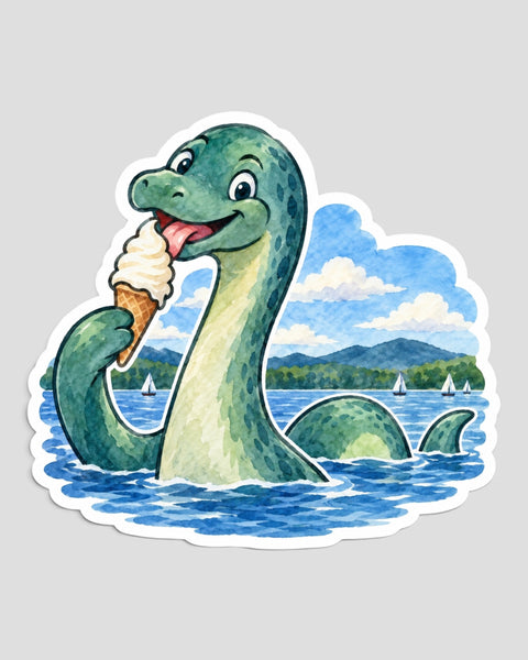 Die-cut watercolor sticker of Champ the lake monster eating a maple creemee ice cream cone in Lake Champlain, with sailboats and the Green Mountains