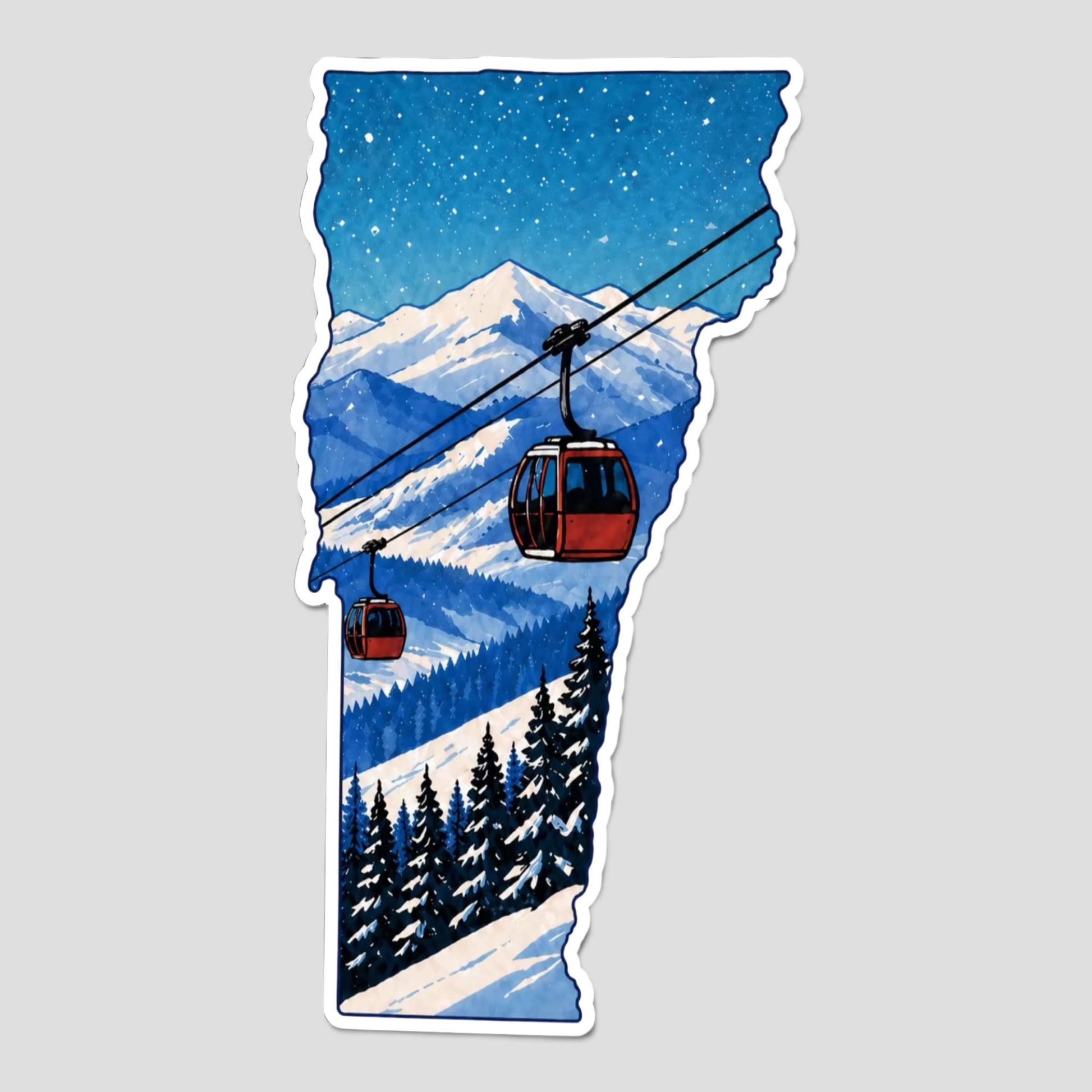 Die-cut sticker shaped like Vermont showing red ski gondolas over snowy mountains and evergreen trees